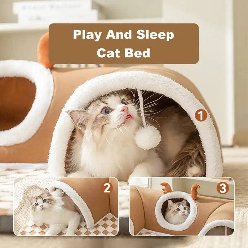 🦌❄️ Cama Invernal para Gatos – Nido Acogedor con Diseño de Reno, Túnel de Juego y Refugio Todo en Uno 😻🏠